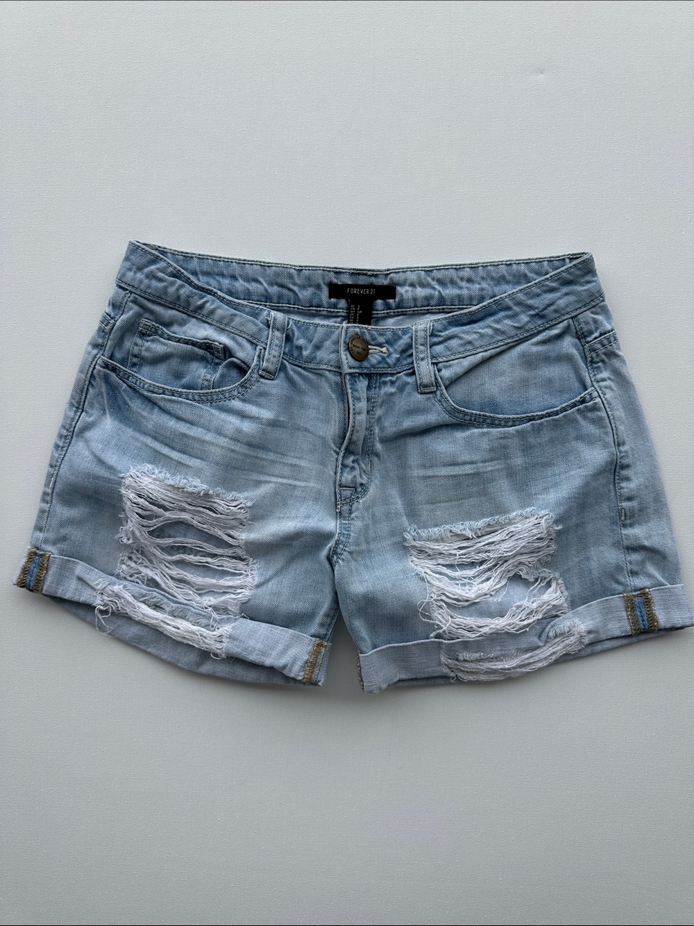 Forever 21 Light Wash Distressed Rolled Hem Jean Shorts